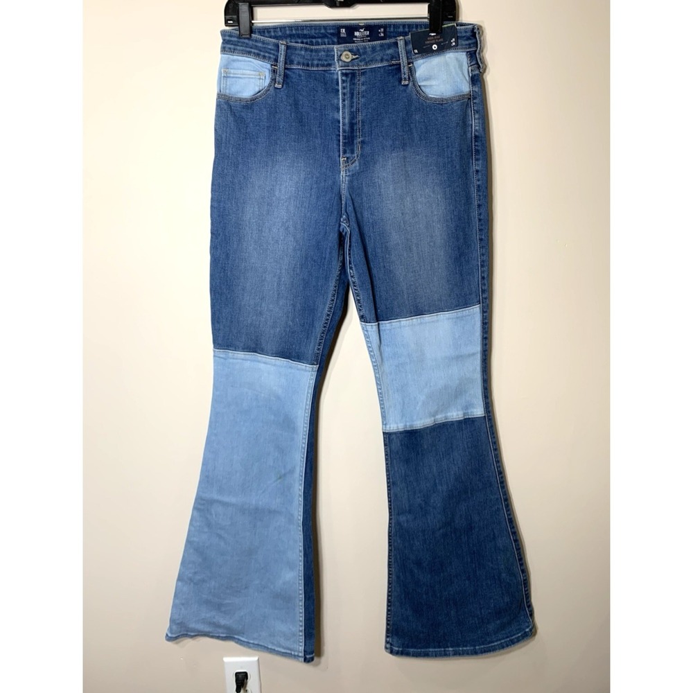 NEW Hollister Flare Jeans Womens 13L Blue High Rise Vintage 31 X 34 Patchwork